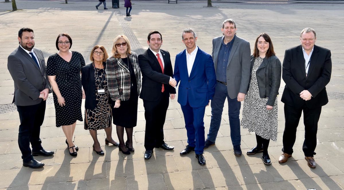 March 2016: Council Leader David Baines (Centre) and the Council Cabinet with Phil Mayall of ECF for the announcement of the regeneration partnership