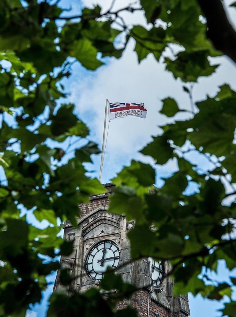 The Armed Forces Day flag flying above St Helens town hall