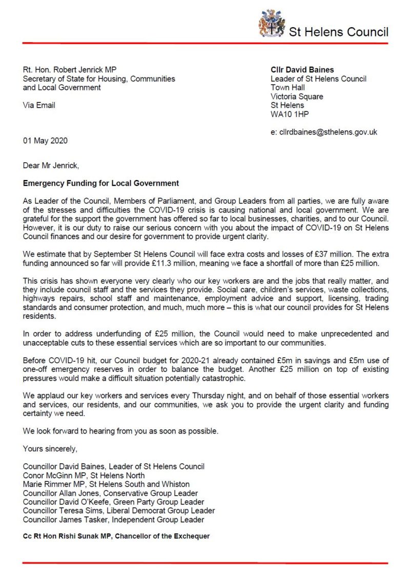 Cross-party letter sent to government today