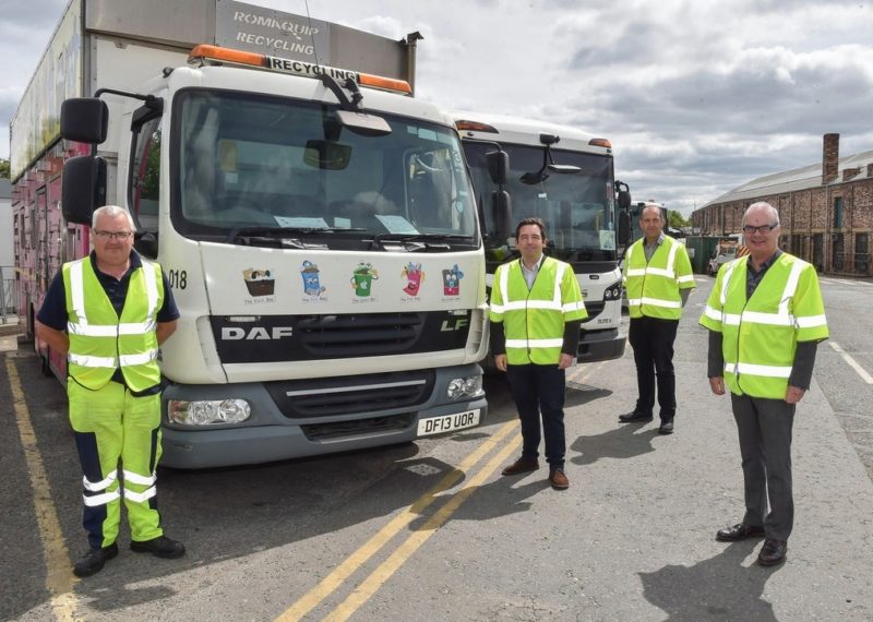 Cllr Andy Bowden (right) and Cllr David Baines (centre) with Council staff announcing the restart of recycling