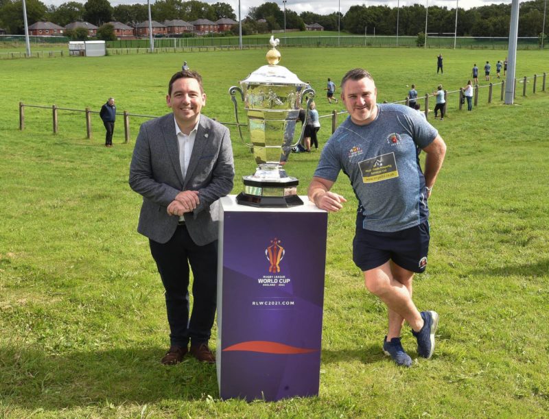 David Baines and Craig Lyon today at Blackbrook with the World Cup trophy