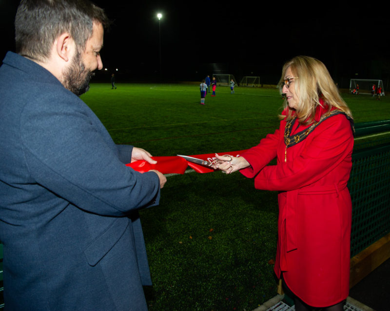 Mayor of St Helens Cllr Sue Murphy and Cllr Anthony Burns officially declare the pitch open!