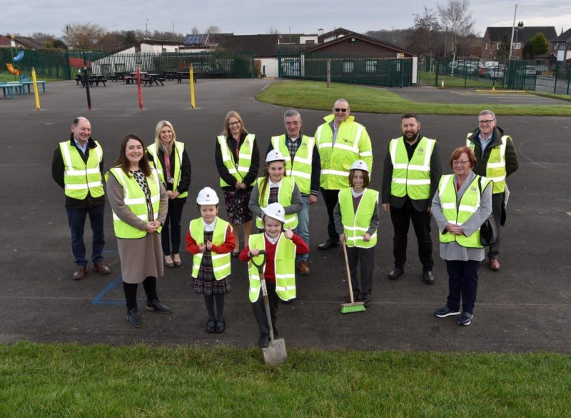 Pupils, staff and Labour councillors at the school today to mark the start of work