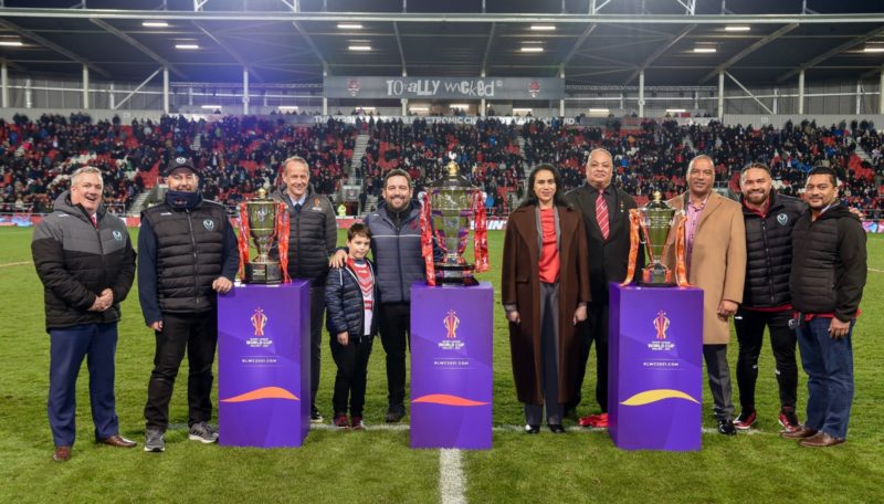 Council Leader David Baines, Cllr Anthony Burns, Saints CEO Mike Rush and the Tongan High Commissioner were among those welcoming the World Cup trophies to St Helens on Friday night