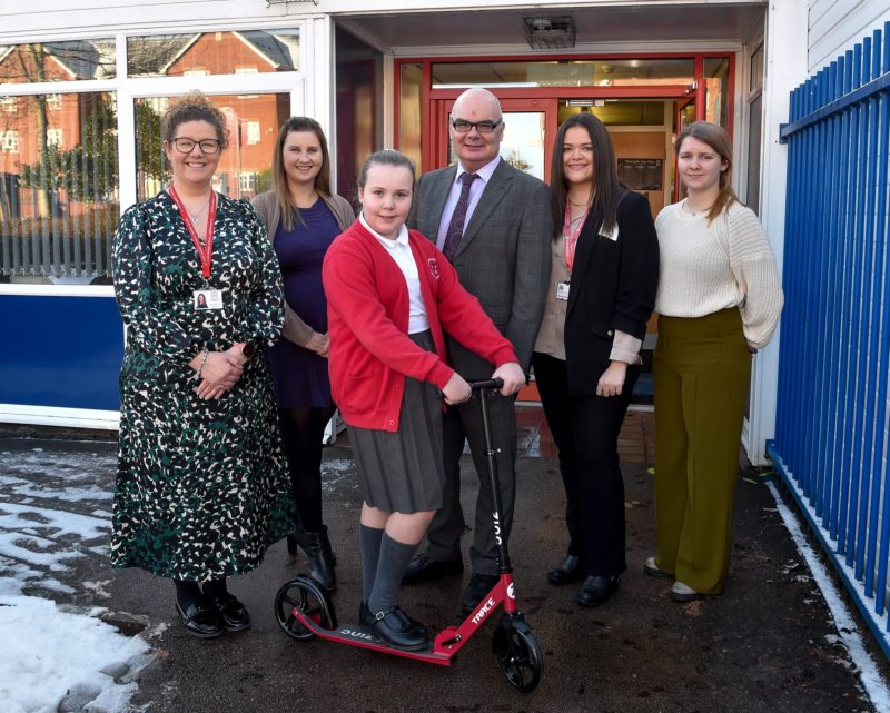 Cllr Andy Bowden with staff and pupils at St John Vianney