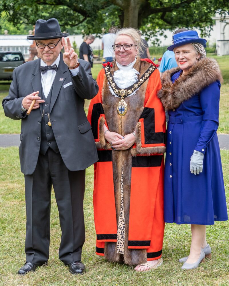 Mayor Cllr Lynn Clarke with a Winston Churchill lookalike guest