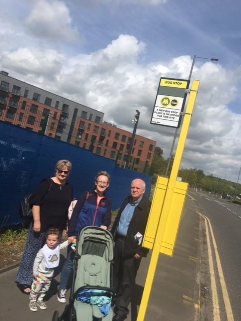 Local Fingerpost and Peasley Cross Labour Councillor Damien O’Connor with locals Sandra Forber and Sonia Gray view the much needed new Bus Stops outside the Foundry Wharf, Atlas Street development